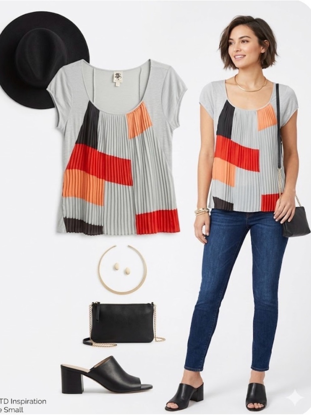 Anthropologie Pleated Chiffon Colorblock Geometric Blouse Red Orange Grey S